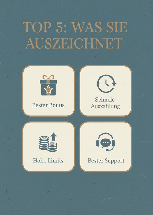 Was die Top 5 Casinos ohne Oasis auszeichnet: bester Bonus, schnelle Auszahlung, hohe Limits und bester Support.