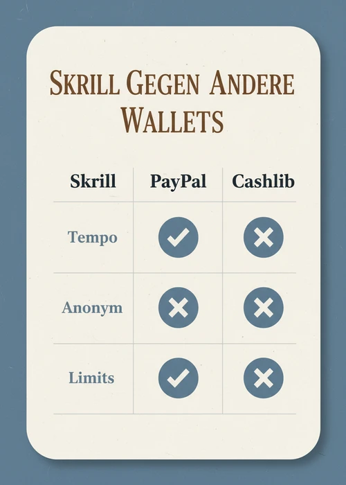 Skrill gegen andere Wallets im Casino ohne Oasis: Skrill, PayPal und Cashlib nach Tempo, Anonymität und Limits.